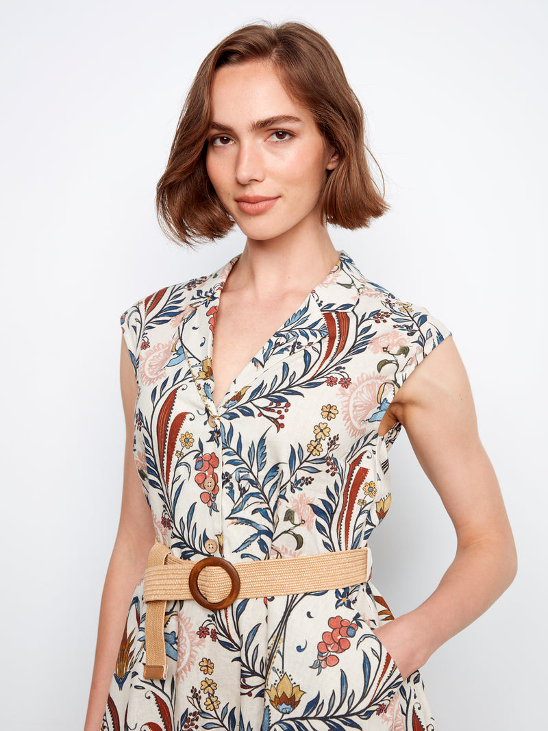 Charlie B Printed Linen Cap Sleeve Belted Dress Fashion-Sense-Boutique-Canada Charlie B Printed Linen Cap Sleeve Belted Dress Fashion-Sense-Boutique-Canada