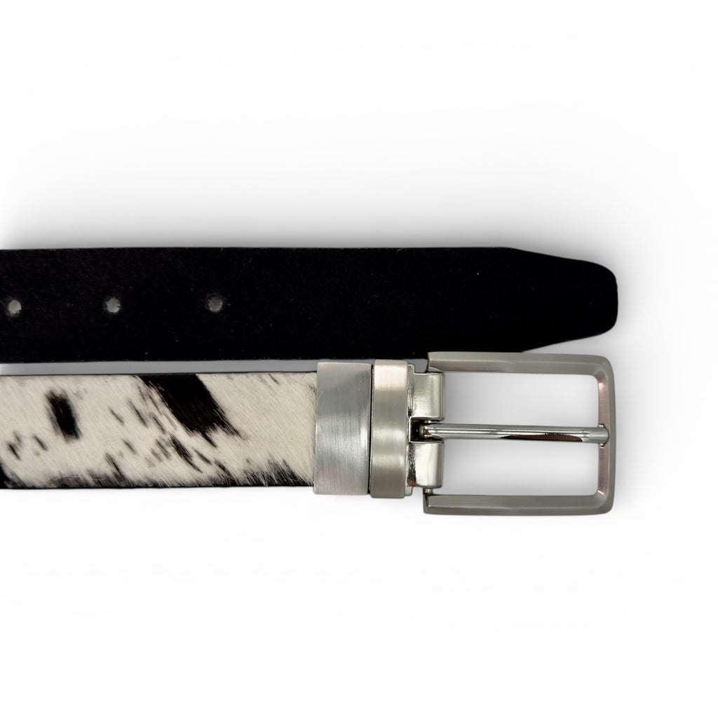 Reversible cow print leather belt with a brushed nickel square buckle
