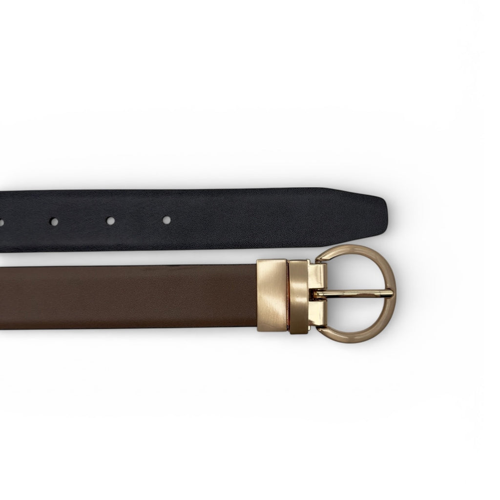 eversible taupe and charcoal leather belt with a brushed gold buckle