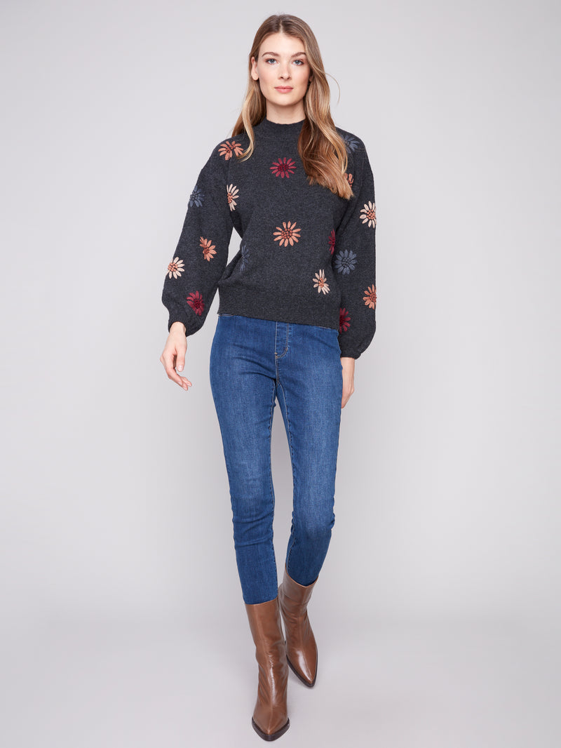 Charlie B Mock Neck Sweater w/Floral Embroidery