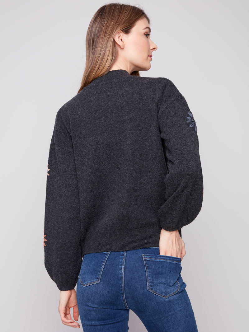 Charlie B Mock Neck Sweater w/Floral Embroidery