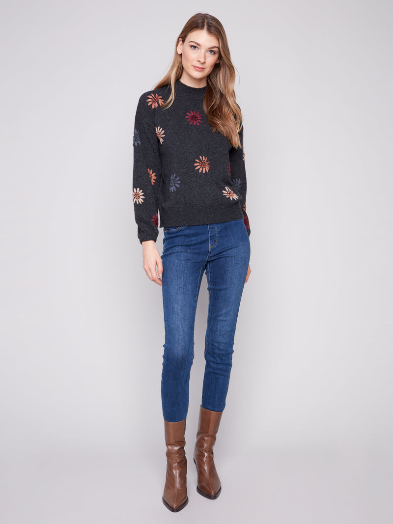Charlie B Mock Neck Sweater w/Floral Embroidery