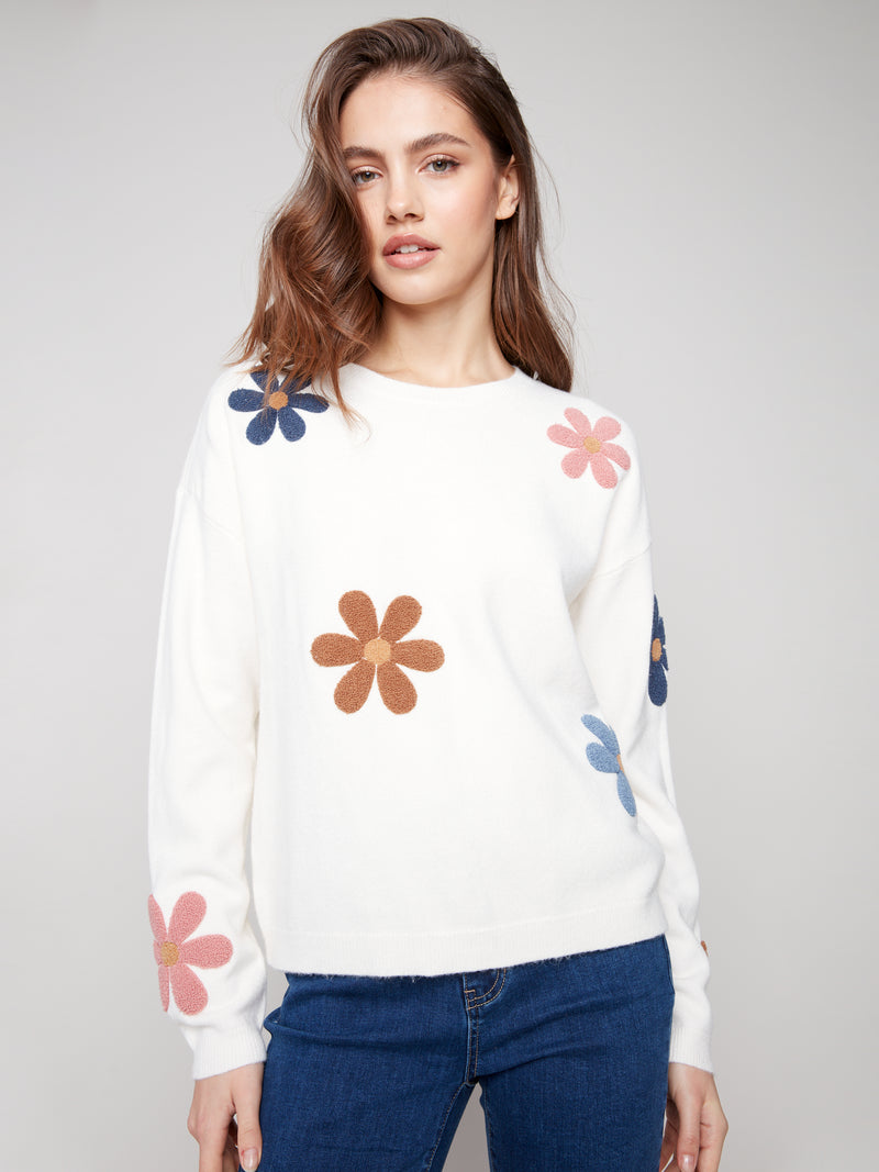 Charlie B Plush Sweater w/Boucle Flowers