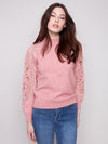 Charlie B Crochet Sleeve Mock Neck Sweater