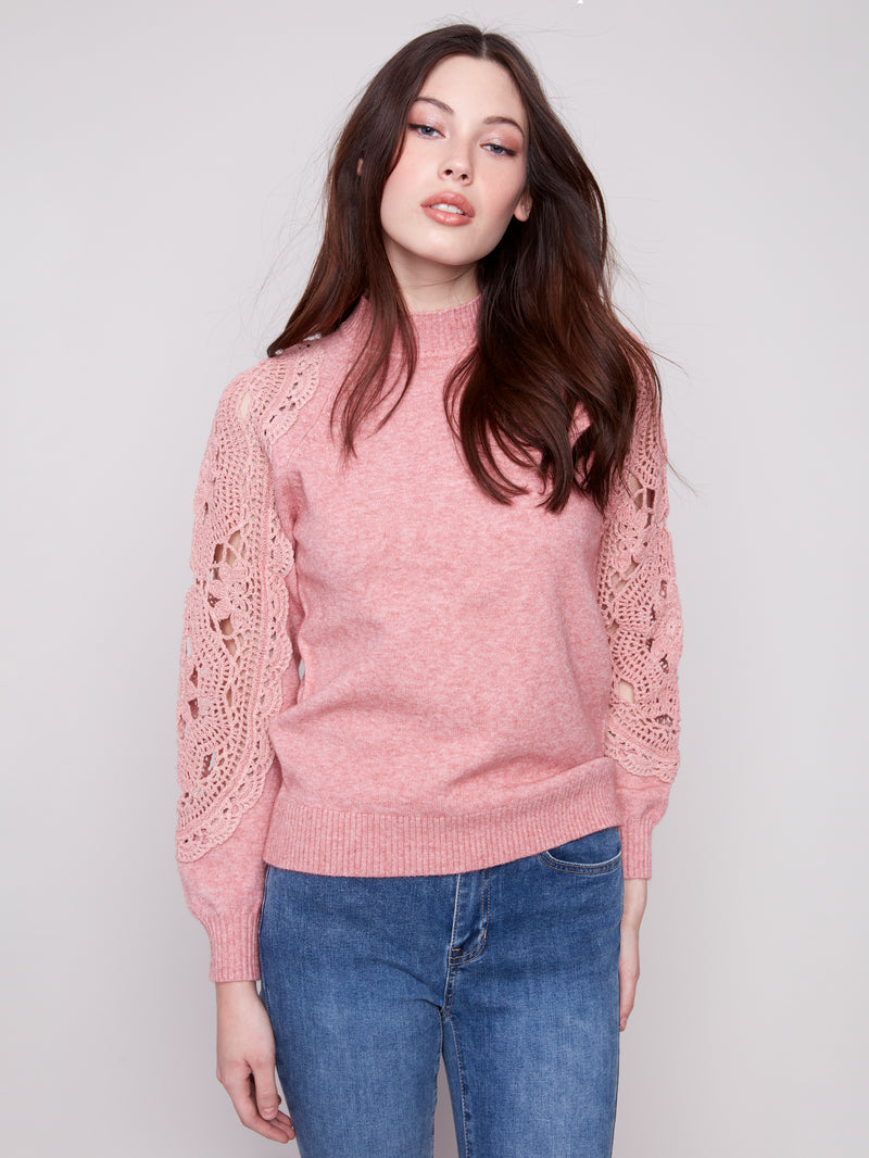 Charlie B Crochet Sleeve Mock Neck Sweater