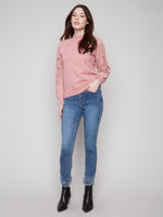 Charlie B Crochet Sleeve Mock Neck Sweater