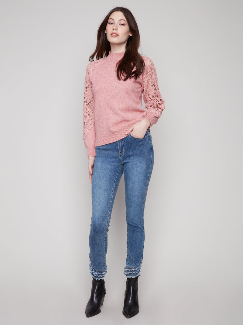Charlie B Crochet Sleeve Mock Neck Sweater
