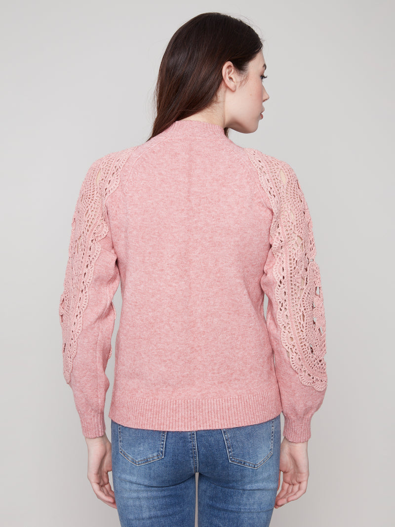 Charlie B Crochet Sleeve Mock Neck Sweater