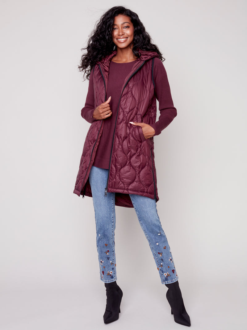 Charlie B Diamond Quilted Long Vest w/Hood
