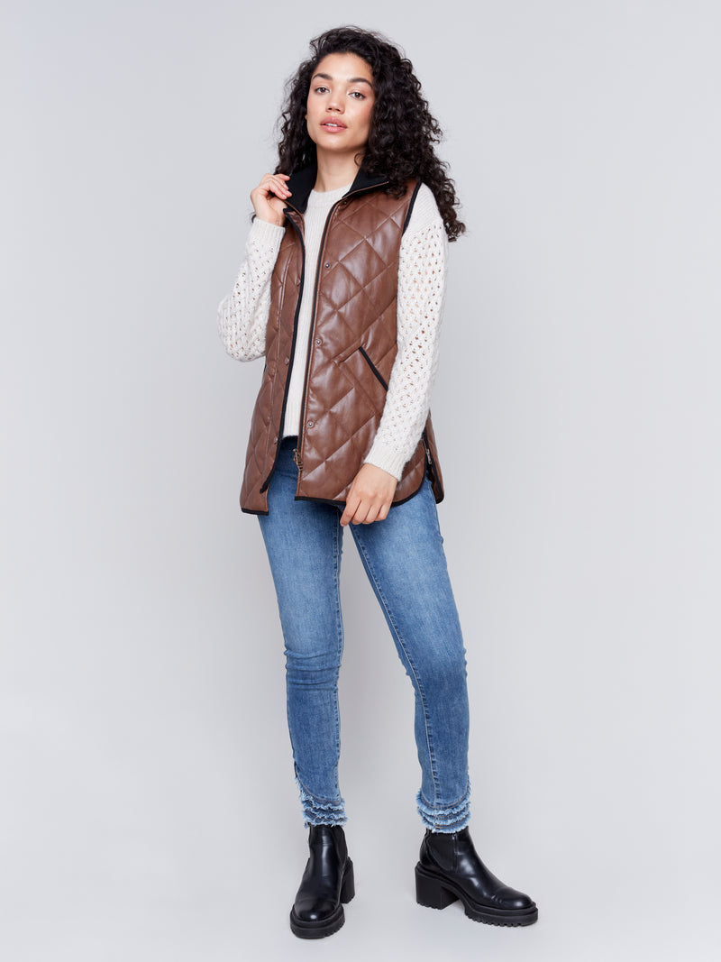 Charlie B Quilted Faux leather Long Vest