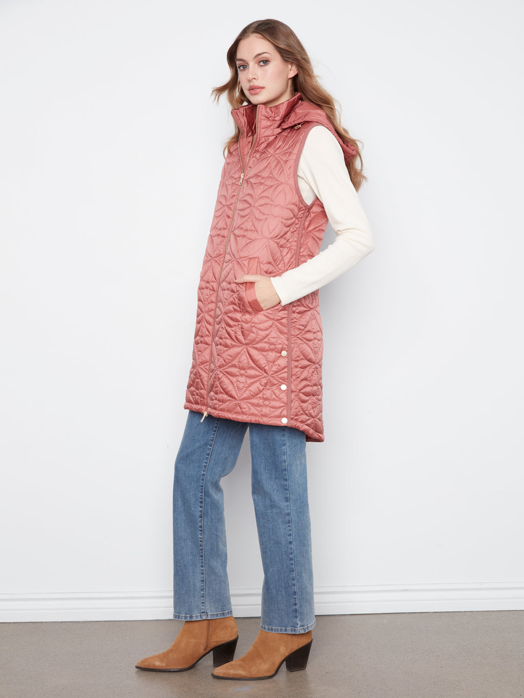 Charlie B rosebud long quilted vest with two-way zipper and floral quilt pattern – women's regular fit