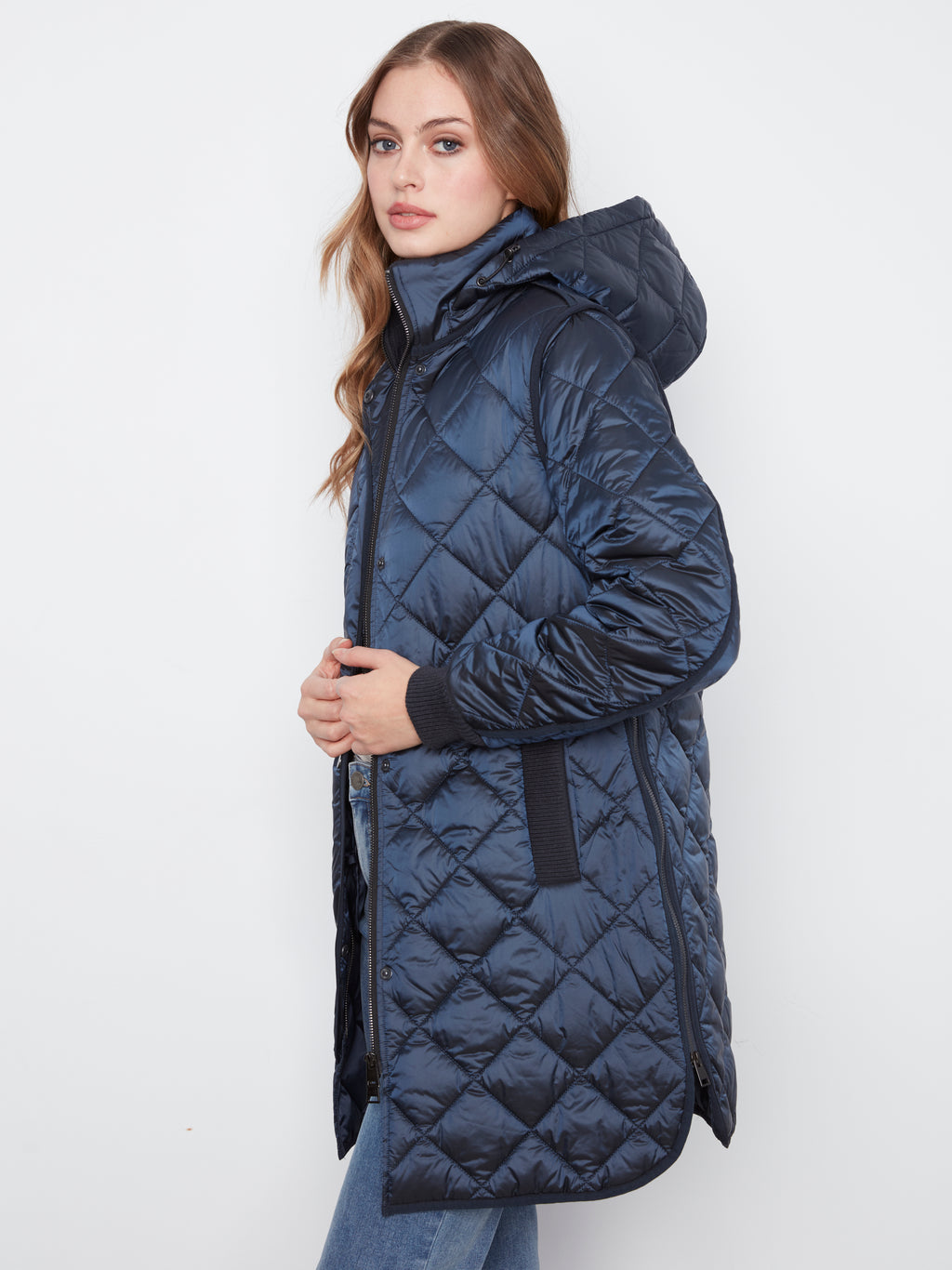 Charlie B navy quilted jacket with zip-up front and snap placket – women's regular f