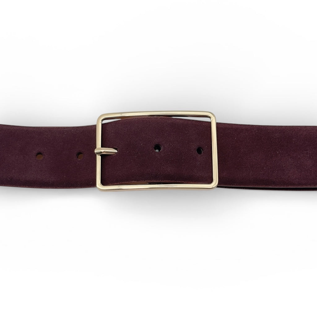 Rich bordeaux suede leather belt with a polished gold rectangular buckle