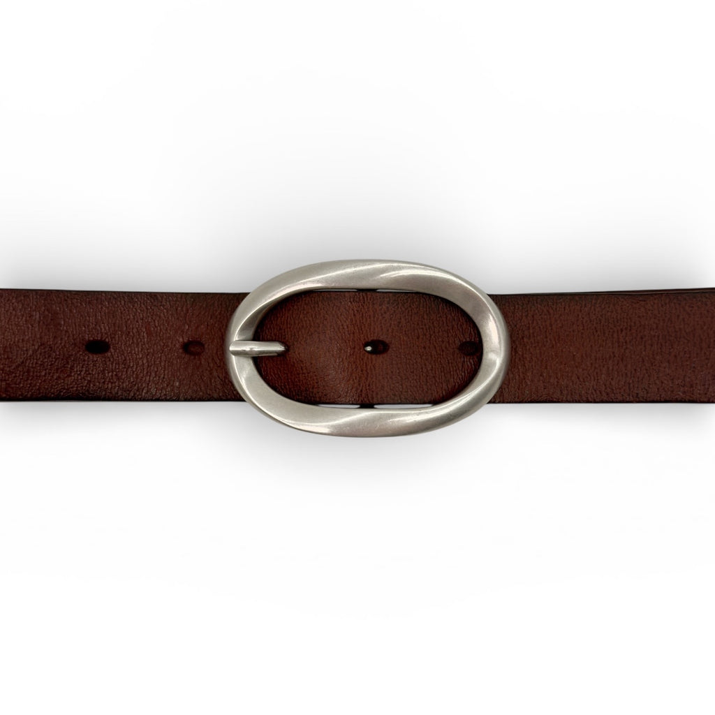 Vintage brown leather belt with a brushed nickel oval buckle