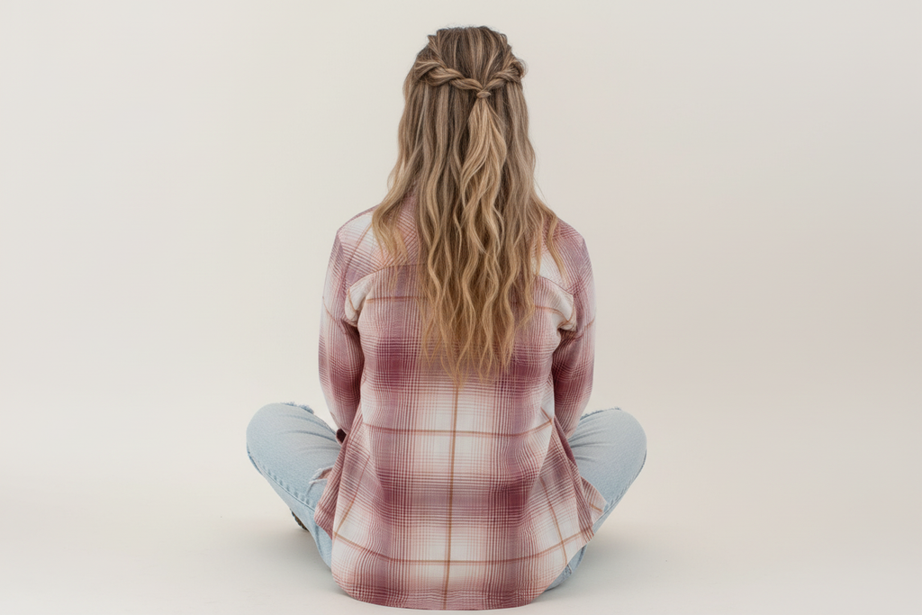 Old Ranch Organic Cotton Plaid Blouse front view: mauve and cream plaid button-up worn open over a burgundy top with light wash jeans and beige lace-up boots