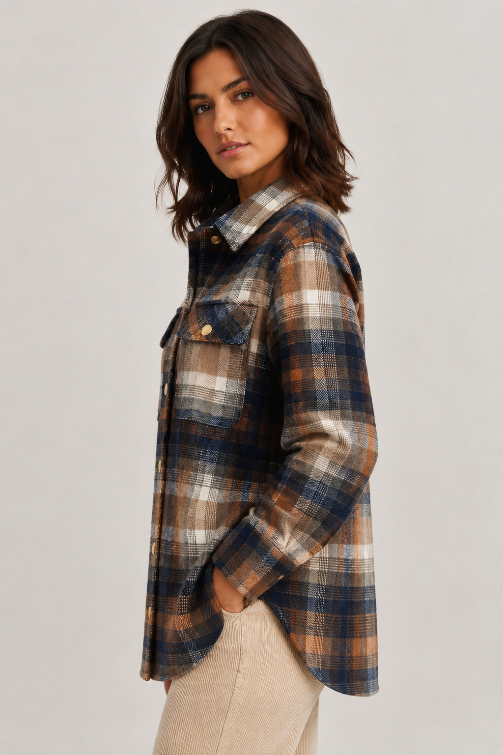 Point Zero multicolor plaid jacket front view on a woman, showing the snap-button front, collar and flap chest pockets