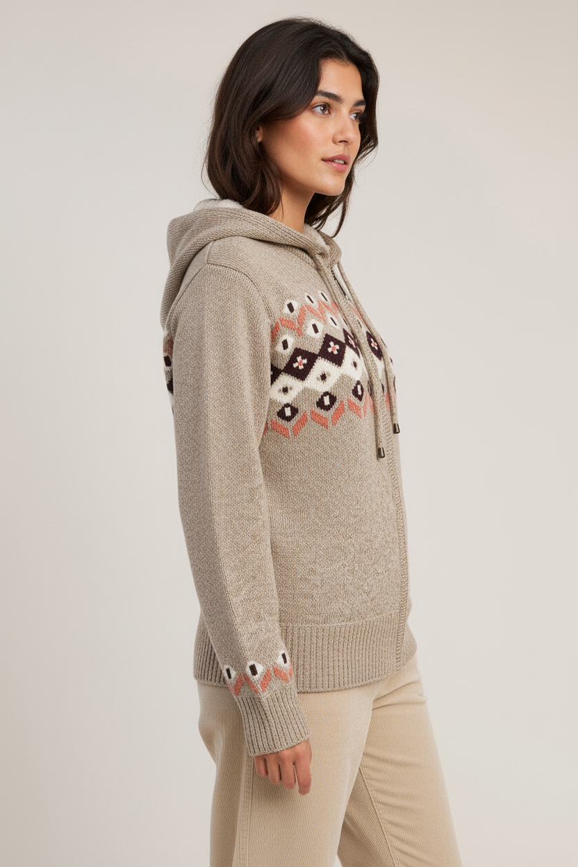 Point Zero taupe hooded knit zip-up jacket on a woman, front view with multicolor geometric pattern, ribbed trim, and long sleeves