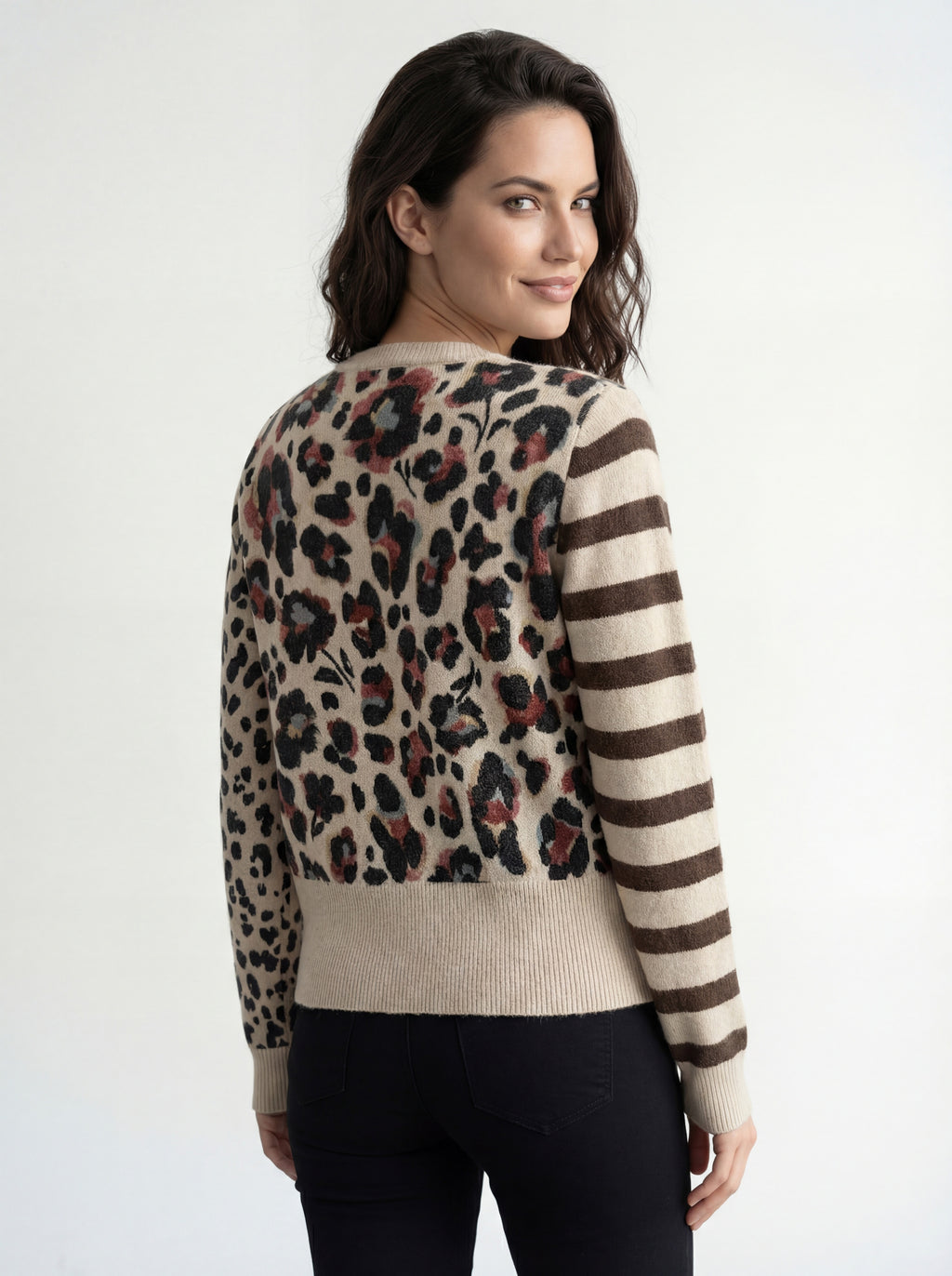  CYC Mixed Print Cardigan front view: beige knit with brown stripes, rose and black floral chest panel, leopard-print sleeve and wood-tone buttons