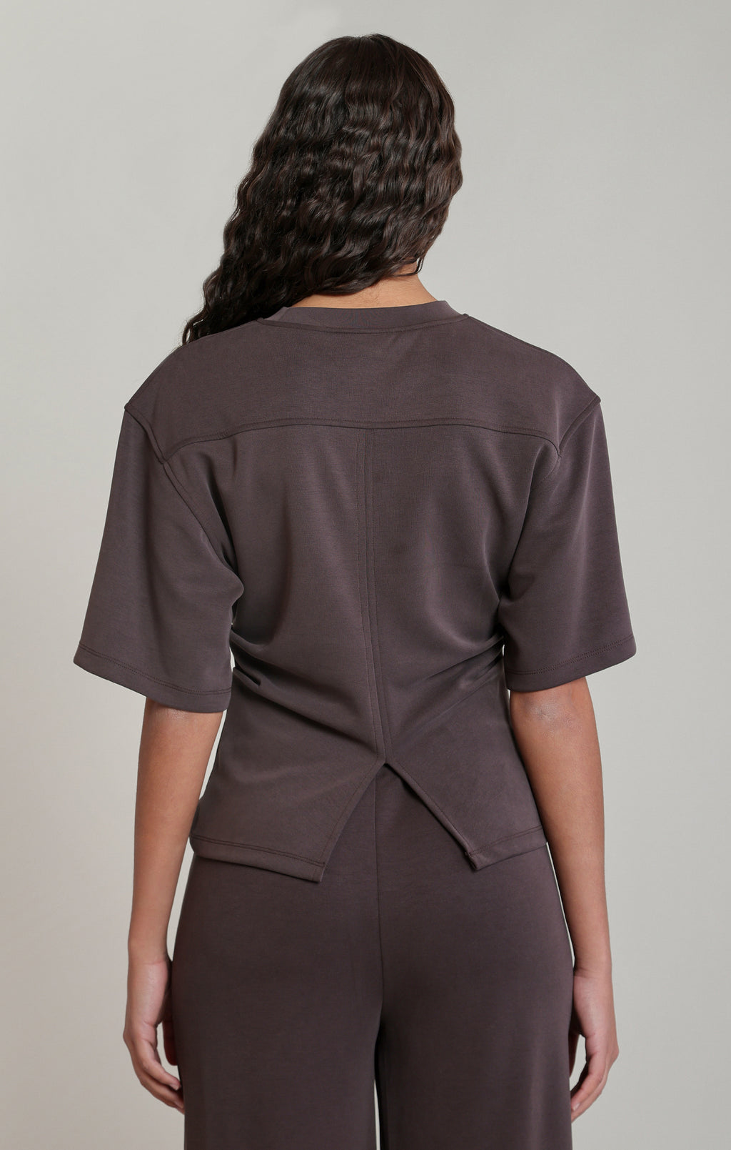 Dex chestnut heather pleated waist top, front view showing crew neck and short sleeves”
