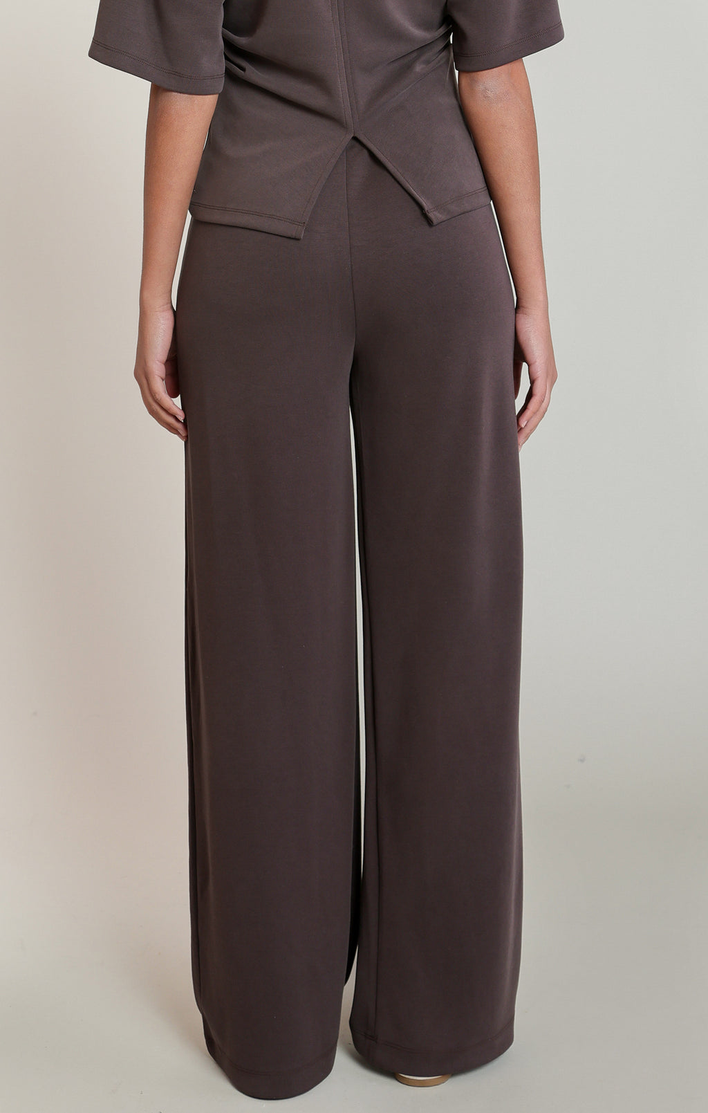 Dex chestnut heather soft wide leg pants, front view showing elastic waist and fluid drape