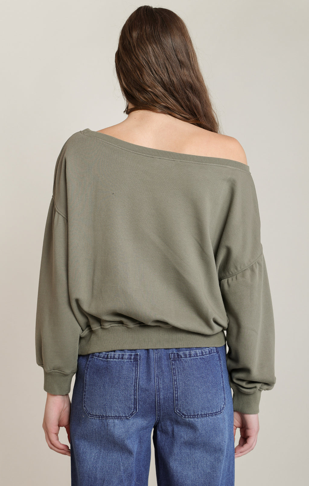 Dex dark olive floral embroidered sweatshirt, front view showing boat neck and relaxed fit