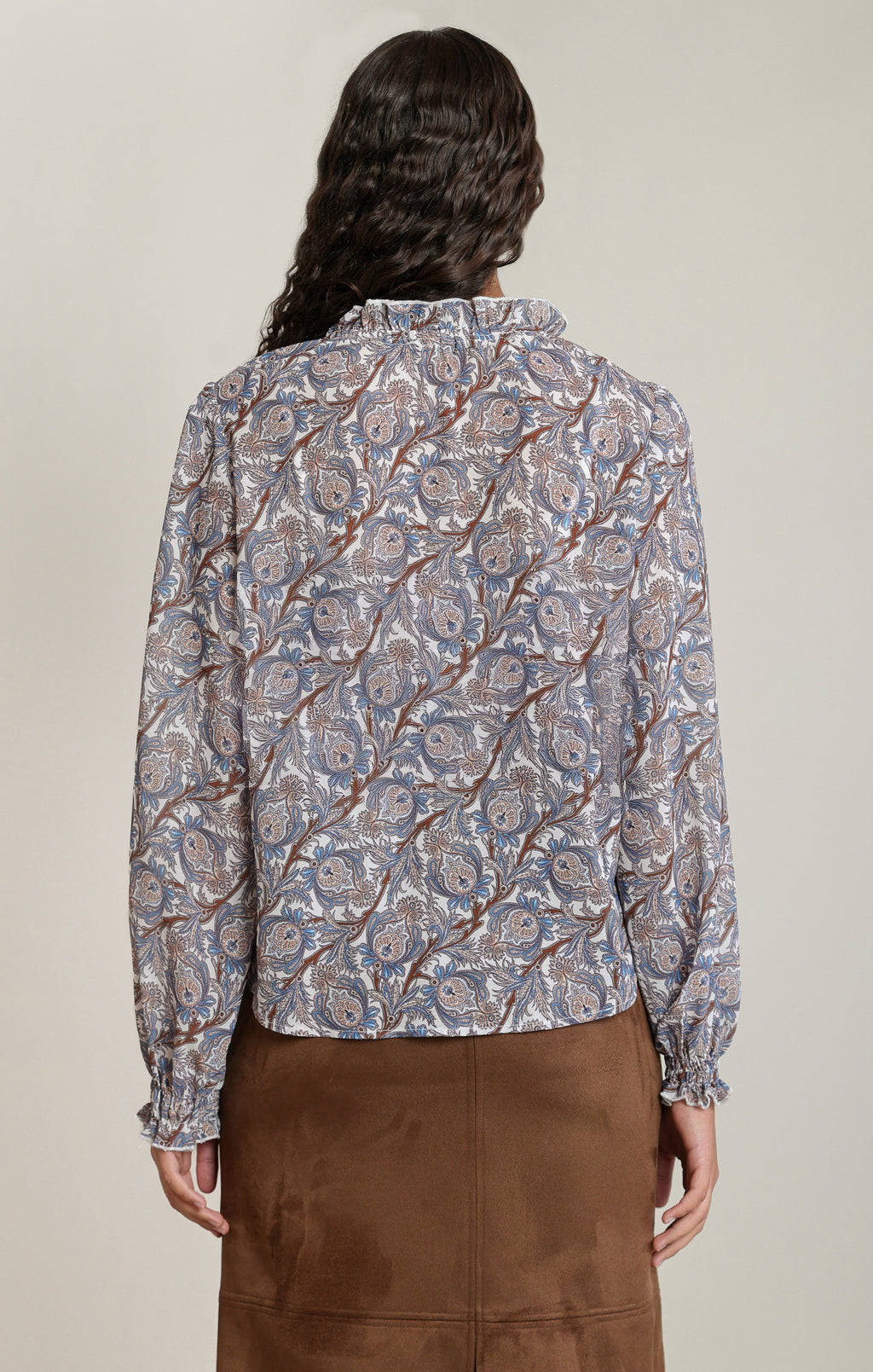  Dex grey and taupe paisley henley blouse with ruffled tie neckline and elasticized cuffs