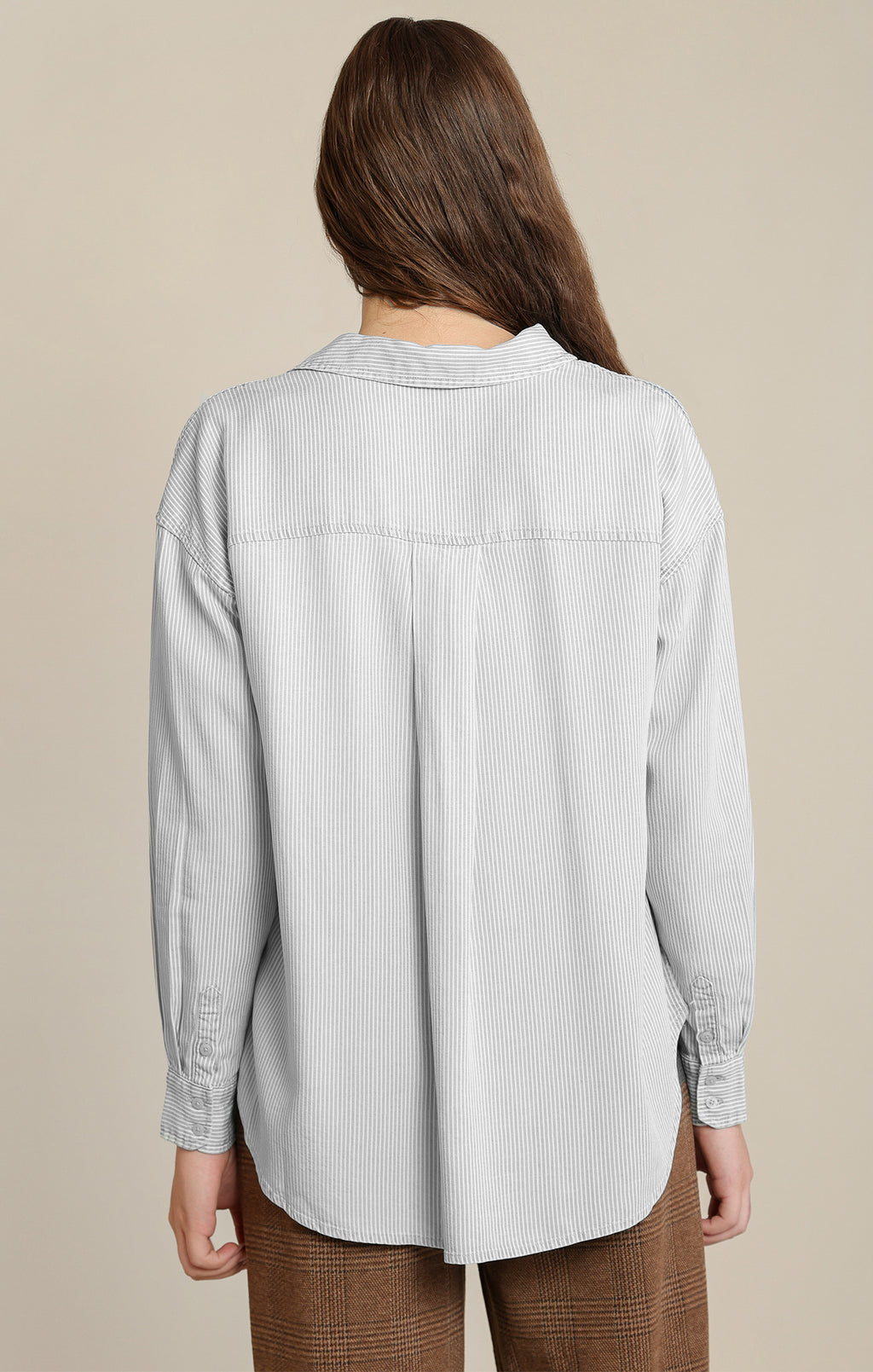  Dex white fine-stripe oversized button-front blouse with collared neckline and curved hem