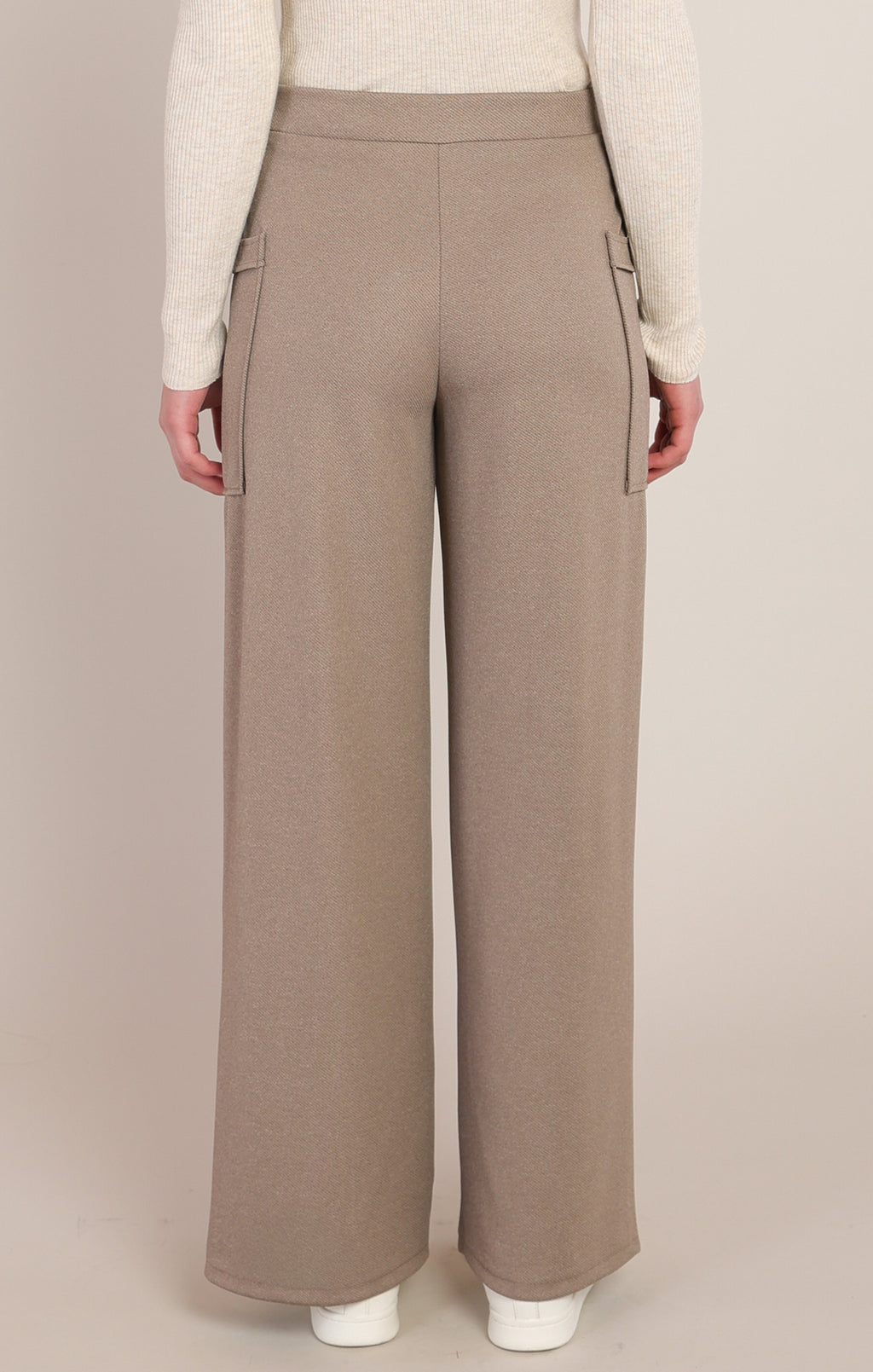 Room 34 taupe textured wide leg pants, front view showing pull-on waist and buttoned patch pockets