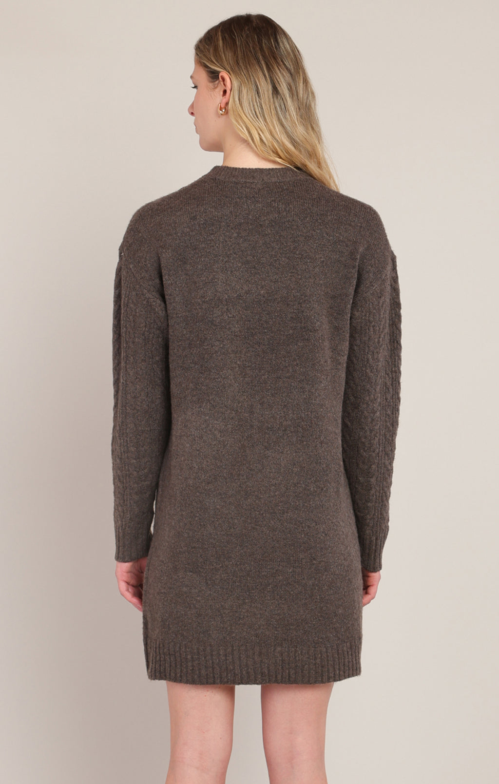 Room 34 chestnut heather cable knit sweater dress, front angled view”